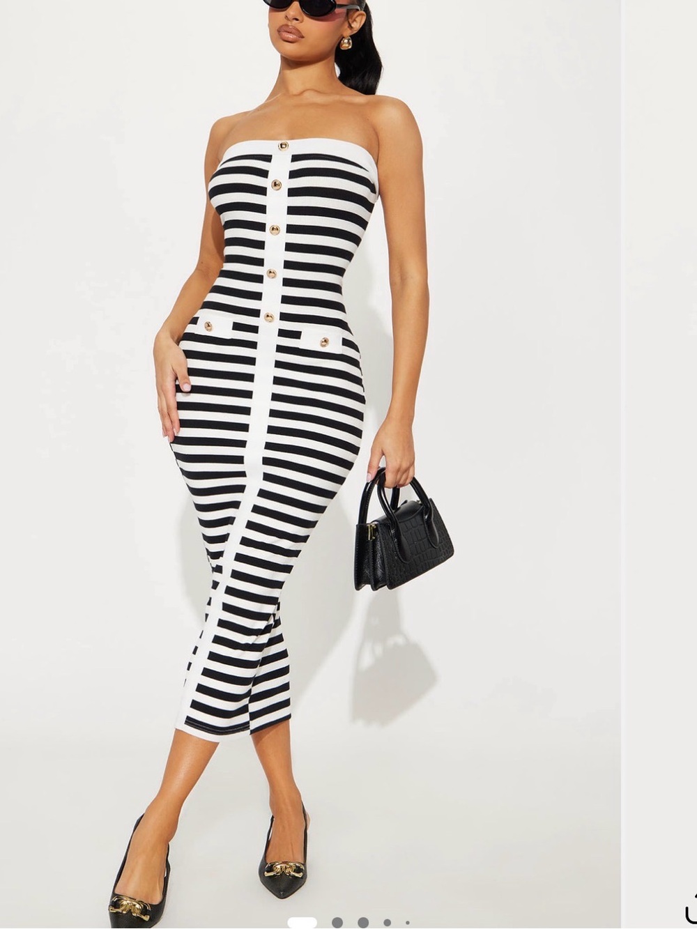 Fashion Nova Black & White Striped Strapless Midi Dress